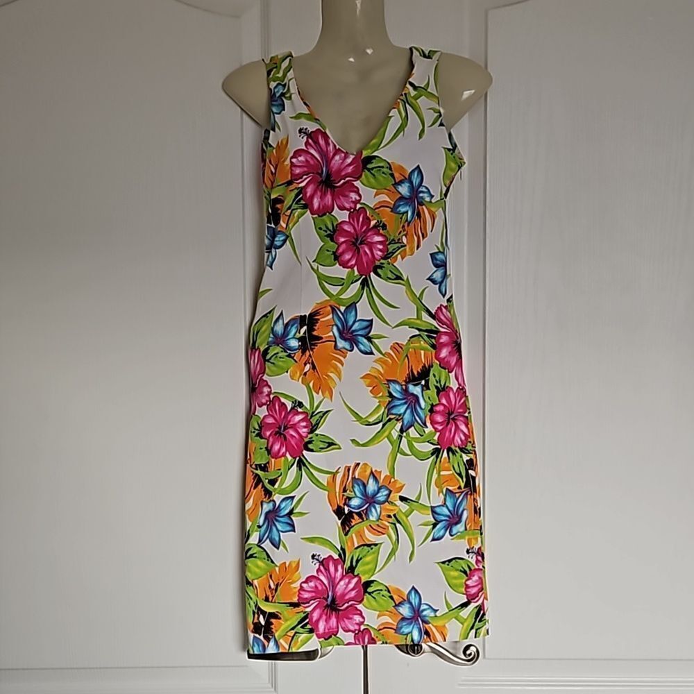 Bonadea Floral Sleeveless Bodycon Mini Dress XS White/ Hot Pink